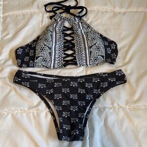 Black and White Lace-Up High Neck Bikini - Women Swim Bikini